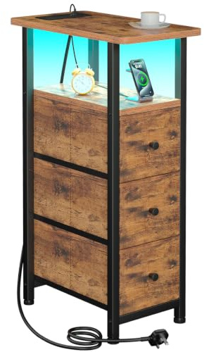 LOAKEKEL Narrow Bedside Table, Slim Side Table with Charging Station | Sofa Table with 3 Fabric Drawers, End Table with LED Light, Nightstand for Small Spaces, Living Room, Bedroom, Rustic Brown