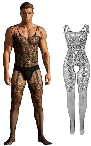 ohyeahlady Bodystocking Intero Uomo Aperto Rete Body Rete Hot Taglie Forti Collant Nylon Cavallo Aperto Intimo Sexy Tuta Intera Completo Intimo Senza Maniche Catsuit Nightwear Clubwear Nero B,XS-M