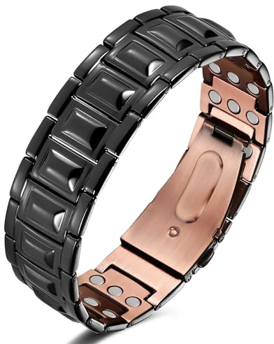 Jeracol Koppararmband för män, 99 % rent koppar magnetiskt armband med ultrastark magneter (svart rivet)