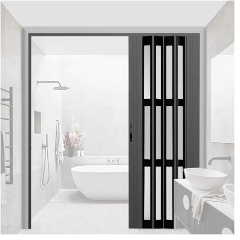 Porte coulissante pliante en accordéon en aluminium noir avec panneau en verre dépoli pour douche, salle de bain, placard et séparateur de pièce (198,1 x 177,8 cm)