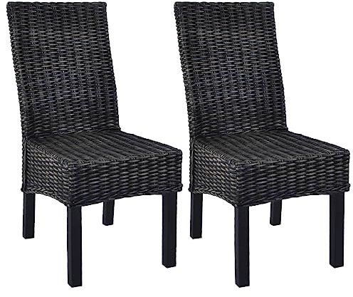 LoogCape Esszimmerstühle 2er Set, Schwarz Kubu-Rattan & Mahagoniholz, handgefertigt, 46x61x93cm, robuste Holzstühle für Küche & Esszimmer, modernes Design, einfache Reinigung