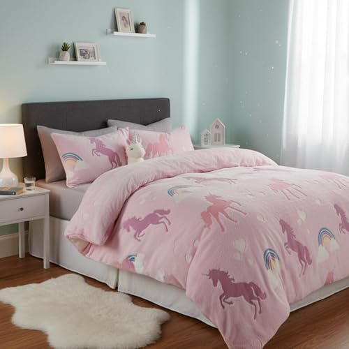 BURAKH Pink Unicorn Double Duvet Cover Set – Soft Microfiber Bedding with Pillowcases, Cute Girls Unicorn Design, 200x200cm