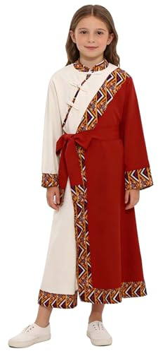 Agoky Flickor, kinesiska traditionella uniformer, långärmad ståkrage, tunika, klänning, färgblock, festklänningar med midjebälte, cosplay, kostym, röd, beige, 92–98