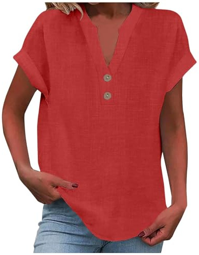 Ladies Tops,Women Linen Short Sleeve Solid Color V Neck Button Shirts Summer Cotton Linen Blouses Casual Loose Tunic T Shirt Comforty Breathable Blouse Plus Size Tees Size S-5XL B Red