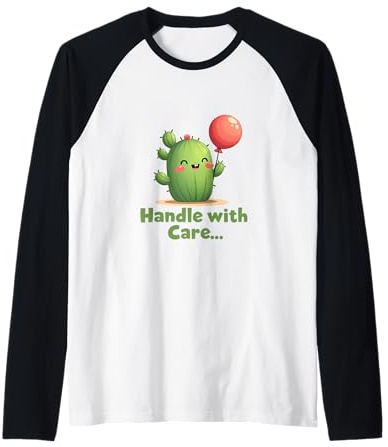 Carino Sorridente Cactus Holding Rosso Palloncino Illustrazione Maglia con Maniche Raglan
