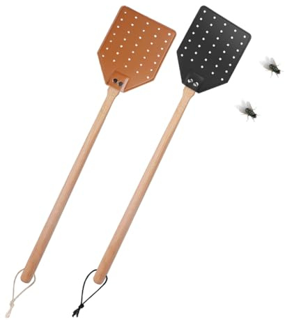 Paquete de 2 matamoscas de cuero con mango largo de madera, pala manual para control de plagas en interiores y exteriores, 19.7 pulgadas (negro y marrón)