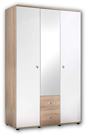 WIKI Eleganter Babyzimmer Kleiderschrank 3-türig - Vielseitiger Drehtürenschrank mit viel Stauraum in Eiche Sonoma Optik, Weiß - 115 x 190 x 52 cm (B/H/T)