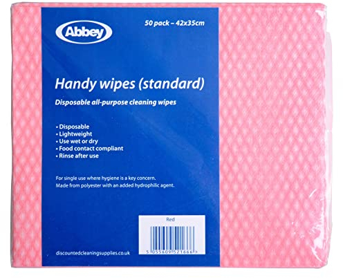 Abbey Pack of 50 Disposable J Cloths Non Woven Wipes – All Purpose Blue Cleaning Cloths – J Cloth to Clean Surfaces, Bathroom, Windows, Dish Cloth –Kitchen Cloth 42 x 35cm (Red)