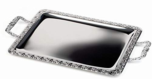 APS Schöner Essen bricka, bufféhjälpare, bricka av rostfritt stål 18/0 med dekorativ kant, handtag av gjuten zink, förkromad, nitad, 31 x 54 cm, 3 cm hög