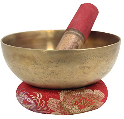 DharmaObjects Tibetische handgehämmerte Klangschalen-Set mit Kissen und Schlegel, Zen, 13 cm