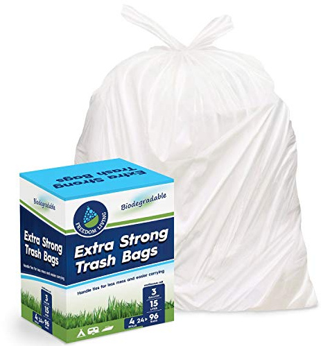 Freedom Living Biodegradable Trash Bags 3 Gallon 96 Count Heavy Duty White Bags with Handle Ties for Garbage in Kitchen, Yard, Lawn, Contractor, Janitorial or Office