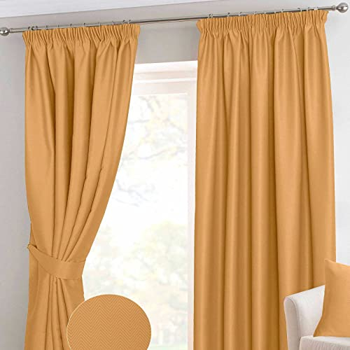 HOMESCAPES Mustard Yellow Pencil Pleat Blackout Thermal Curtain Pair Width 117cm (46) x 182cm (72) Drop Herringbone Chevron Textured Retro Geometric Design. FREE SWATCHES.