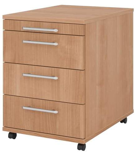 bümö Basic Rollcontainer mit Schubladen, Container aus Holz in Nussbaum - Rollwagen für's Büro als Schreibtisch Unterschrank, Bürocontainer od. Schreibtischcontainer mit Relinggriffe