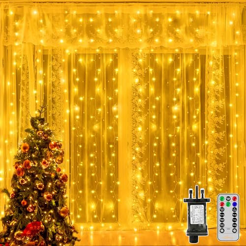 Ollny Christmas Curtain Lights Indoor, 300LED 3mx3m Waterfall Hanging Plug in Fairy String Lights, 8 Modes/Remote/Timer Waterproof Window Light for Bedroom/Wall/Outdoor/Wedding/Party,Warm White