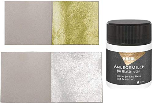 10 Blatt Echtes Essbares Blattgold 23,75 Karat Echt Gold Leaf 38 x 38 mm Essbar Torten Deko Goldpapier + 10 Blatt Blattsilber 50 x 50 mm Echt Silber Silberblatt + 1 x Kreul Anlegemilch Kleber 50ml