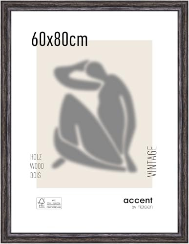 accent by nielsen Holz Bilderrahmen Vintage, 60 x 80 cm, Schwarz | Holz Posterrahmen im Hoch- & Querformat zum Aufhängen Schwarz gebürstet Echtglas