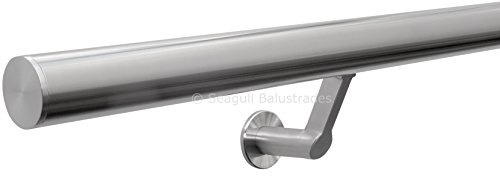 Seagull Balustrades Stainless Steel Handrail for Stairs - 320-Grit, Satin Brushed Polished - Pre-Assembled with Contemporary Wall Brackets - Select Length - Classic Plain Flat End Caps - Made in UK