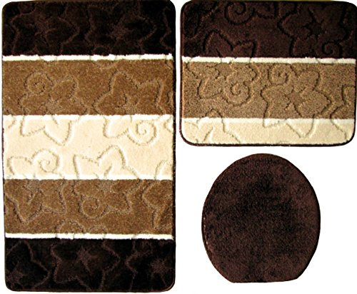 Orion Badgarnitur 3 TLG. Set 50x80 cm Mehrfarbig gestreift, WC Vorleger ohne Ausschnitt für Hänge-WC (Dunkelbraun braun Creme)