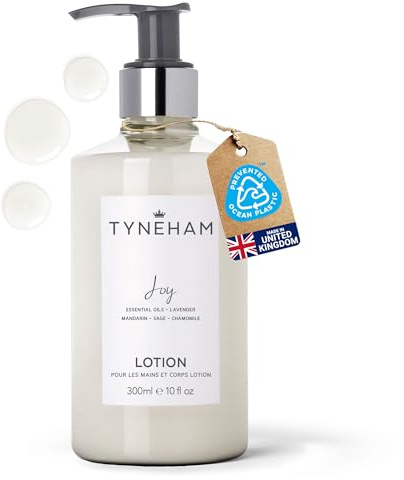 TYNEHAM Joy Hand and Body Lotion 300ml Clear Bottle – Natural Body Moisturiser, Hydrating Vegan Hand Cream Pump, Cruelty-Free Lotion with Essential Oils, Refillable Pump Dispenser, Made in England