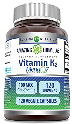 Amazing Formulas Vitamin K2 Menaq7 MK7 Supplement | 100 Mcg | Veggie Capsules | Non-GMO | Gluten Free | Made in USA (1 Pack, 120 Count)
