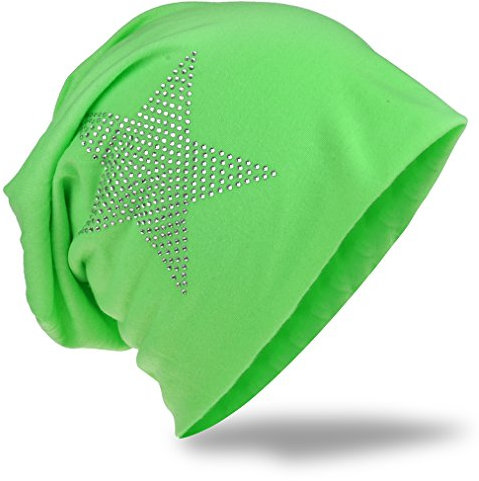 Miobo Jersey slouch beanie lång mössa stjärna med strass applikation unisex enfärgad män kvinnor trend, Gräsgrön, En Storlek