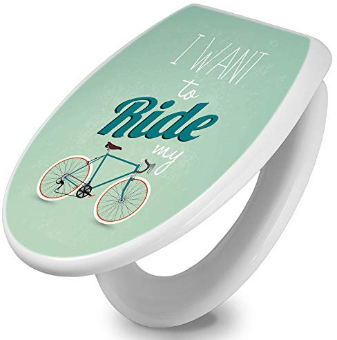 banjado Toilettendeckel mit Absenkautomatik 44,5x37cm / WC Brille Soft Close/hygienischer Toilettendeckel/Klodeckel Duroplast Edelstahl Scharniere einfache Montage/Motiv I want to ride my bike