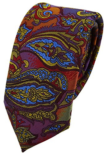 TigerTie - schmale Designer Krawatte in lila gold rot orange blau mehrfarbig Paisley gemustert