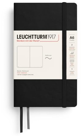 LEUCHTTURM1917 305477 Notizbuch Pocket (A6), Softcover, 123 nummerierte Seiten, Blanko, Schwarz | 123 nummerierte Seiten, 2 Lesezeichen, Falttasche, perforierte Blätter, 115 g, säurefrei