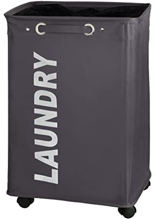 WENKO Wäschesammler Quadro Grau, Stabiler schmaler Wäschekorb mit Vier leichtgängigen Rollen und Deckel, Wäschetruhe aus 100% Polyester, Fassungsvermögen 79 Liter, (B x H x T): 40 x 60 x 33 cm