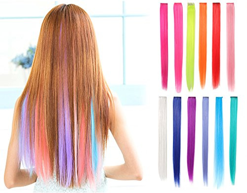 OneDor 23 Inch Colored Party Highlights Straight Hair Clip Extensions. Heat-Resistant Synthetic Hair Extensions in Multiple Colors (Full Color Set 12 Pcs)