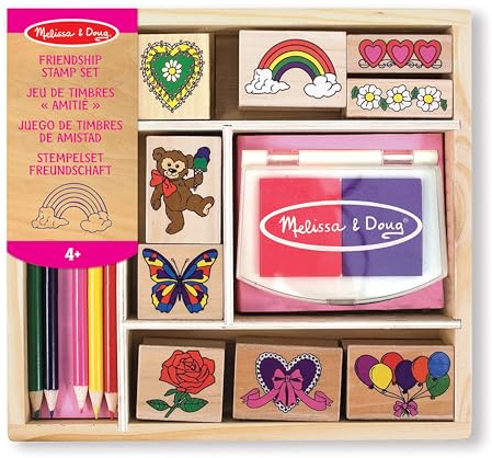 Melissa & Doug Timbri Creativi Amicizia – Set in Legno con 9 Timbri, Inchiostro Lavabile a Due Colori e Matite Colorate, Lavoretti Manuali, Regalo per Bambini e Bambine, 4+ Anni