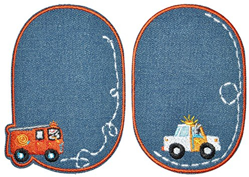 alles-meine.de GmbH 2 TLG. Set ovaler Flicken/Bügelbild - Auto Fahrzeuge - Jeans blau - 8 cm * 11,5 cm - oval - Bügelbilder - Aufnäher zum Aufnähen und Bügeln/Applikation für..
