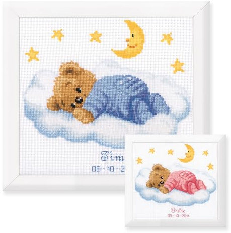 VERVACO Gezählter Kreuzstich Stickpackungen Stickset Baby Geburt Schlafende Bären Wanddekoration Handarbeit Set für Erwachsene Kreatives Handwerk ca. 22 x 20 cm Geburt Geschenk Hausdeko