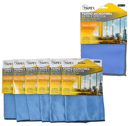 Apex Set 6 Panni Microfibra Vetri – Senza Aloni e Pelucchi – Ideali per Specchi, Acciaio Inox e Superfici Delicate – Lavabili – 40x30 cm