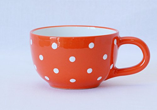UNGARNIKAT Jumbo Tasse en céramique avec poignée, 500 ml, grande tasse à café pour petit-déjeuner, céréales, flocons de haffer, soupes, passe au micro-ondes, Ornange avec pois blancs moulus à la main,