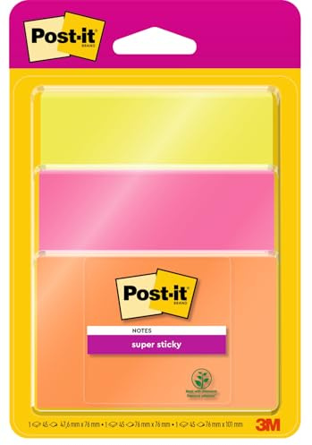 Post-it Super Sticky Notes, 3 Blöcke (135 Blatt), 76 mm x 76 mm | Selbstklebende Haftnotizen mit Stärkerer Haftung, Klebezettel für Bürobedarf, Erinnerungen & To-Do-Listen; Repositionierbar