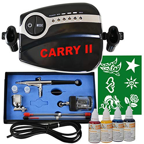 AirBrush KOMPRESSOR SET CARRY II Airbrushfarben UNIVERSAL AIRBRUSHPISTOLE DOUBLE ACTION, OPTIMALES Airbrush-Kit (Profi-AirBrush Carry 2 schwarz Tattoo Set)