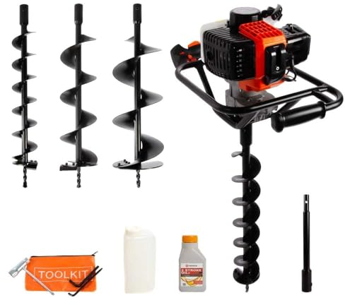 52cc Petrol Earth Auger / Fence Post Hole Borer + 3 Auger Bits + Extension Bit + More