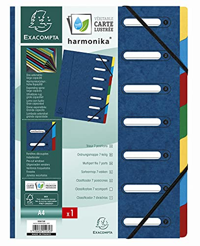 Exacompta 55072E Premium mapp harmonika. Tillverkad av extra stark färgspan-kartong DIN A4 7-fack och 2 elastiska band med indexfönster och stretchig baksida registermapp blå