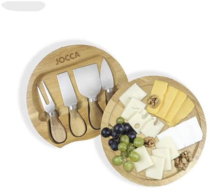 Jocca - Set Tavola Formaggi con Coltelli in Acciaio Inox | Ideale per Amanti del Formaggio | Tavola Rotonda diametro 20cm con Set di 4 Coltelli | Perfetto Regalo Originale