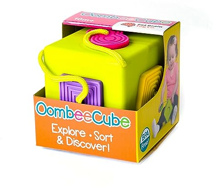 Fat Brain Toys OombeeCube, Toddler and Baby Toys 10 Months and Up, Travel-Friendly Shape Sorter with Tethered Shapes for Early Learning