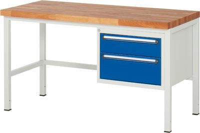 Werkbank, BxTxH 1500x700x840 mm, 2 Schubladen 150/ 210 mm, Buche-Massiv-Platte 40 mm, RAL7035/RAL5010