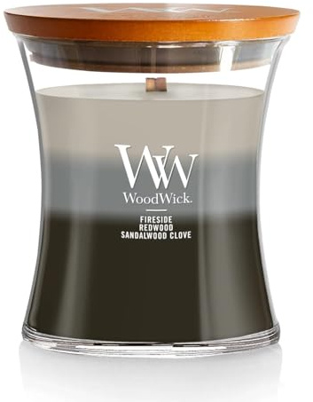 WoodWick Warm Woods Trilogy Holiday Candle Gifts for Women and Men, 9.7 oz Medium Hourglass Trilogy Candle with Crackling Wick
