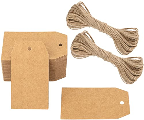 G2PLUS 100Stk Geschenkanhänger Kraftpapier Anhänger Etiketten Tags 4x7CM Anhänger Etiketten mit Jute-Schnur für Handmade,Hochzeit Geschenk Weihnachten -Braun