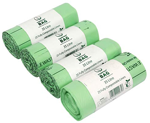 35/40 Litre x 100 Compostable Bags - Compost Bag Kitchen Food Waste Compost Liners 35/40L - EN 13432 - Bin Bags with Composting Guide 35L 40L