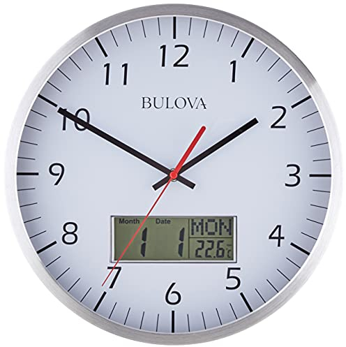 Bulova Manager Wall Clock C4810 | 14 Brushed Aluminum Industrial Frame with Digital Date & Temperature Display | Silent Sweep Quartz Movement | Battery Operated | Office & Home Décor