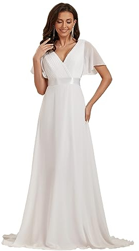 Ever-Pretty Robe De Soirée Style Long Manches Volantées Col en V Jupe Trapèze Robe Femme Chic Et Elegant Blanc 36