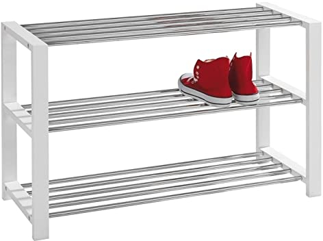 Home4You Schuhregal mit 3 Ebenen für 12 Paar Schuhe - 80 cm breit - MDF - Metall - Chromfarben - Weiß - Schuhbank Schuhschrank Schuhablage Schuhständer Schuhaufbewahrung