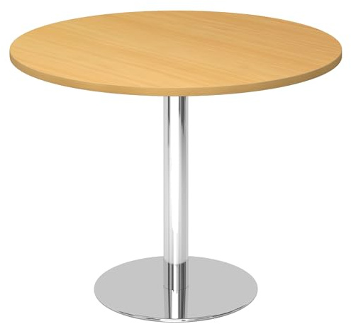bümö Besprechungstisch, Esstisch klein, Tisch rund 100 cm - Kleiner Esstisch Buche, Rundtisch Esstisch 2 Personen mit Holz-Platte, Säule aus Metall verchromt, Konferenztisch, Bistrotisch