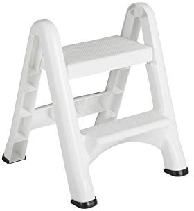 Rubbermaid Two-Step Folding Foot Stool 14-Inch High White 300 Pound Capacity Small Step Stool for Adults/Kids for Use in Library/Kitchen/Bathroom/Garage/Closet